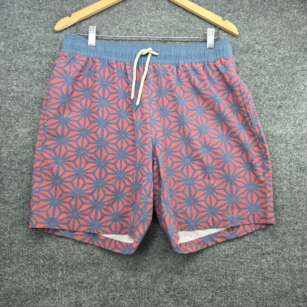 Faherty Brand Mens Geometric Starburst Swim Trunks Coral Blue Size L 7" Inseam